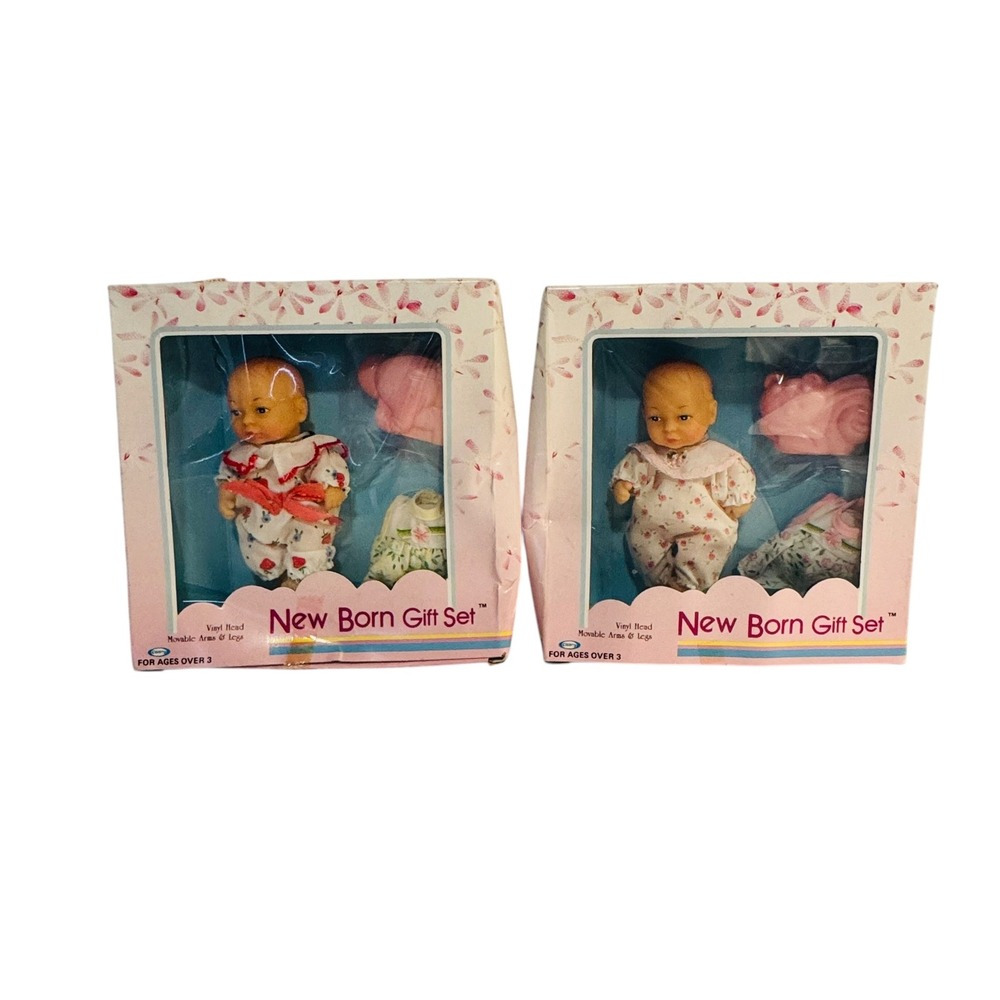 Vtg Mini New Born Gift‎ Set Doll Movable Head Arms Legs 1989 Set of 2 Cititoys